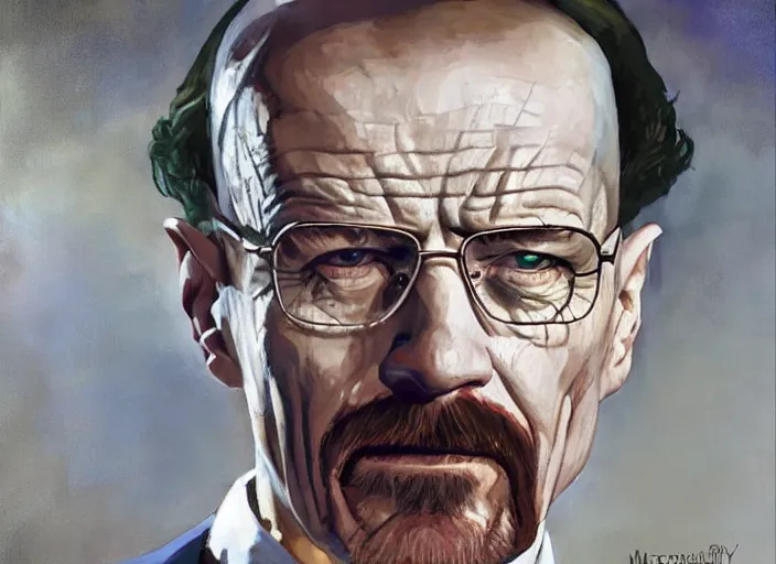 Image similar to a highly detailed beautiful portrait of walter white as the joker, by gregory manchess, james gurney, james jean