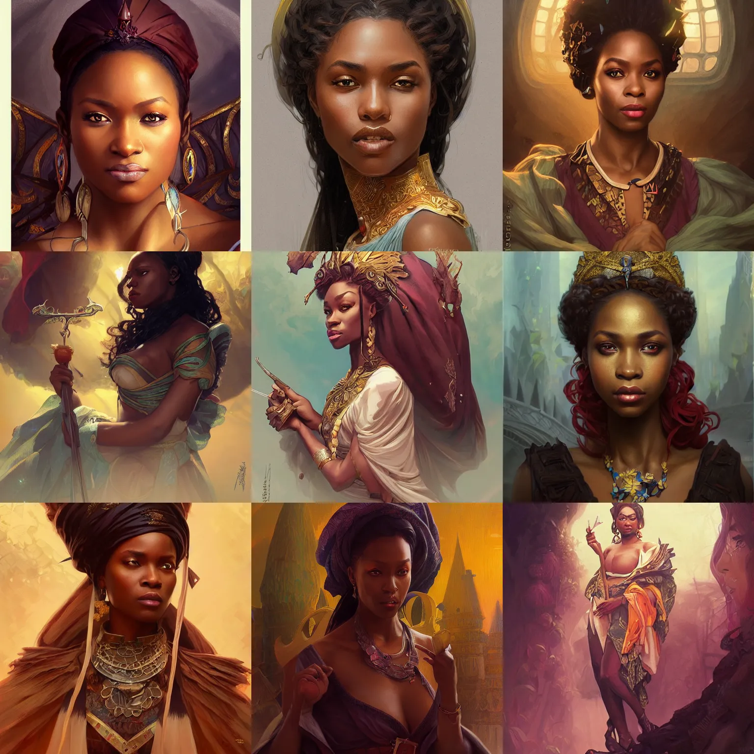 Prompt: nigerian queen, fantasy, D&D, portrait, highly detailed, digital painting, artstation, concept art, sharp focus, illustration, art by artgerm and greg rutkowski and alphonse mucha