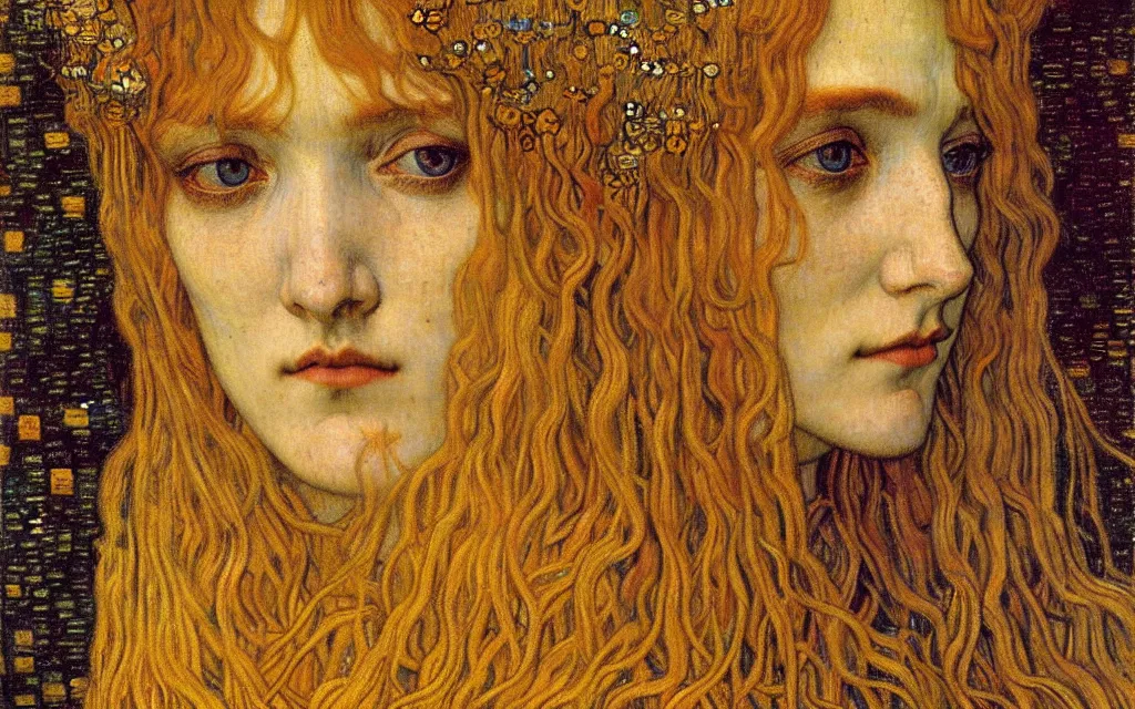 Image similar to detailed realistic beautiful young medieval queen face portrait by jean delville, gustav klimt and vincent van gogh, art nouveau, symbolist, visionary, gothic, pre - raphaelite, muted earthy colors, desaturated