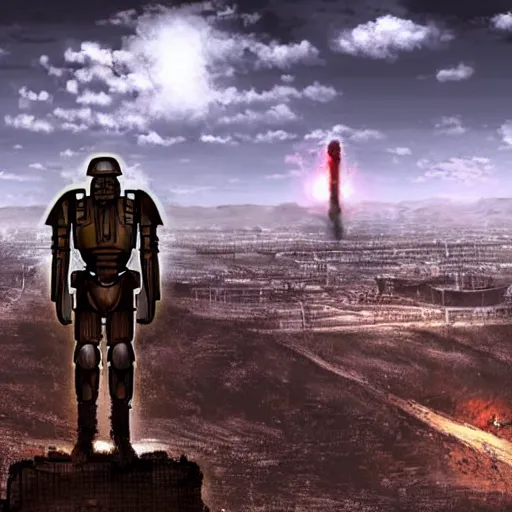 Image similar to man in fallout 3 power armor on a high cliff looking at a nuclear bombed city off in the distance, high resolution fantasy concept art, realistic, intricate details, soft lighting