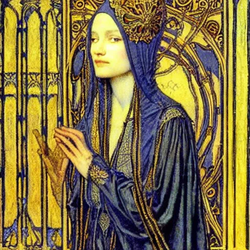 Prompt: beautiful young medieval queen by jean delville, art nouveau, symbolist, visionary, gothic, neo - gothic