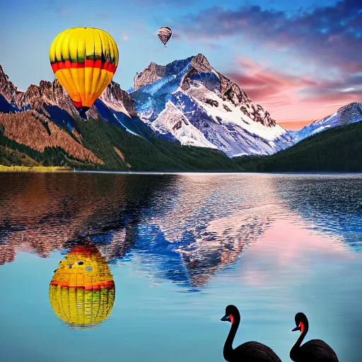 Image similar to photo of two black swans touching heads in a beautiful reflective mountain lake, a colorful hot air balloon is flying above the swans, hot air balloon, intricate, 8k highly professionally detailed, HDR, CGsociety