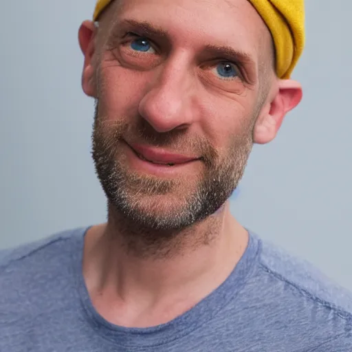 Image similar to color photograph of a 40 year old white Jewish Israeli skinny man with short, curly, blond hair and very small blue eyes, dressed in a white t shirt, gray shorts and a gray cabby cap, with a small mole to the right of his very thin lips, with a straight nose and blond stubble, with a round face, and an earring in the left ear.