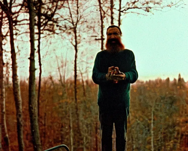 Prompt: award - winning lomographic tarkovsky film still of 4 0 years russian man with beard and sweater standing on small hrushevka 9 th floor balcony in taiga looking at sunset, cinestill, bokeh