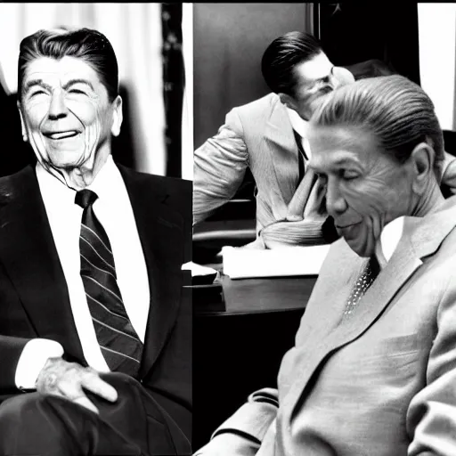 Image similar to [ ronald reagan sitting in chair next to tiger ]