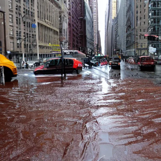 Prompt: new york city abandoned, rain with chocolate liquid, flooding with chocolate melting liquid