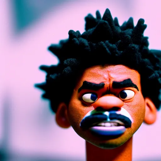 Image similar to a cinematic film still of a claymation stop motion film starring chance the rapper as a college student, shallow depth of field, 8 0 mm, f 1. 8