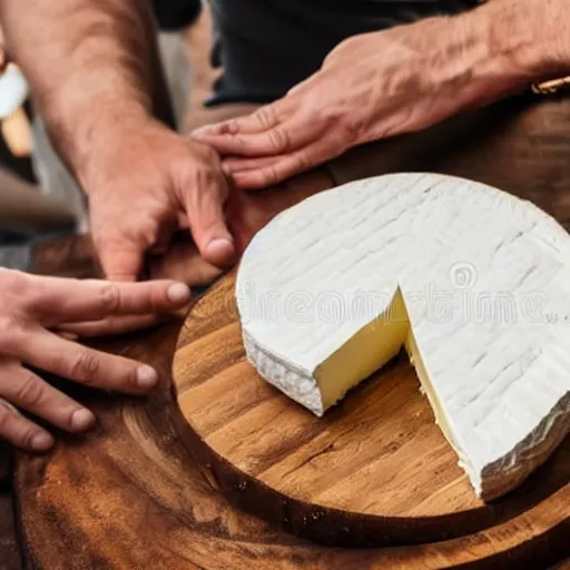 Image similar to a corporate meeting with people around a wood table looking at a huge camembert, soft lighting, high quality stock picture