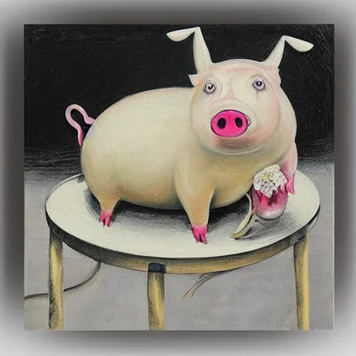 Image similar to “pig paintings and pig sculptures in a pig art gallery, pork, ikebana white flowers, white wax, squashed berries, acrylic and spray paint and oilstick on canvas, by munch and Dali”