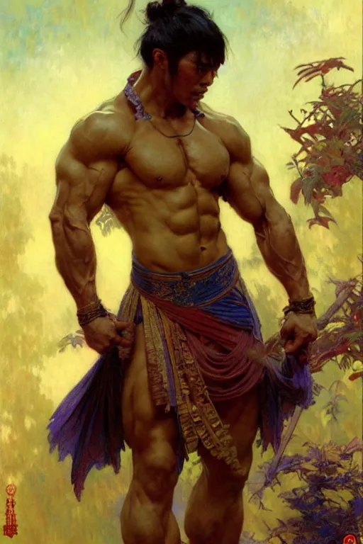 Image similar to attractive muscular man, wuxia, colorful, painting by gaston bussiere, craig mullins, greg rutkowski, alphonse mucha