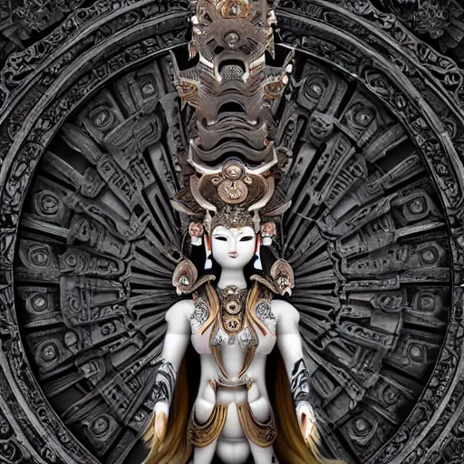 Image similar to naraka buddhist demon korean female, highly detailed, symmetrical long head, smooth marble surfaces, detailed ink illustration, raiden metal gear, cinematic smooth stone, deep aesthetic, concept art, post process, 4 k, carved marble texture and silk cloth, latex skin, highly ornate intricate details, in the style of 8 8 grzes