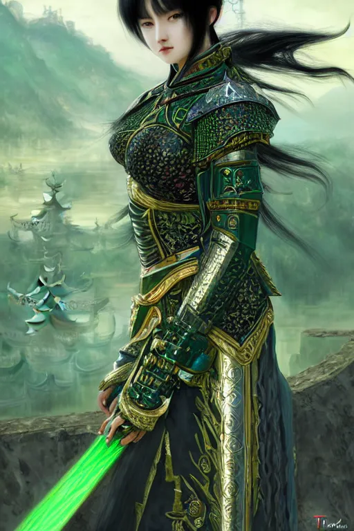 Image similar to portrait black hair young knights of Dynasty Warriors girl, metallic green armor, in ruin fire chinese palace sunrise, ssci-fi and fantasy, intricate and very beautiful and elegant, highly detailed, soft light, artstation, concept art, smooth and sharp focus, illustration, art by tian zi and WLOP and alphonse mucha