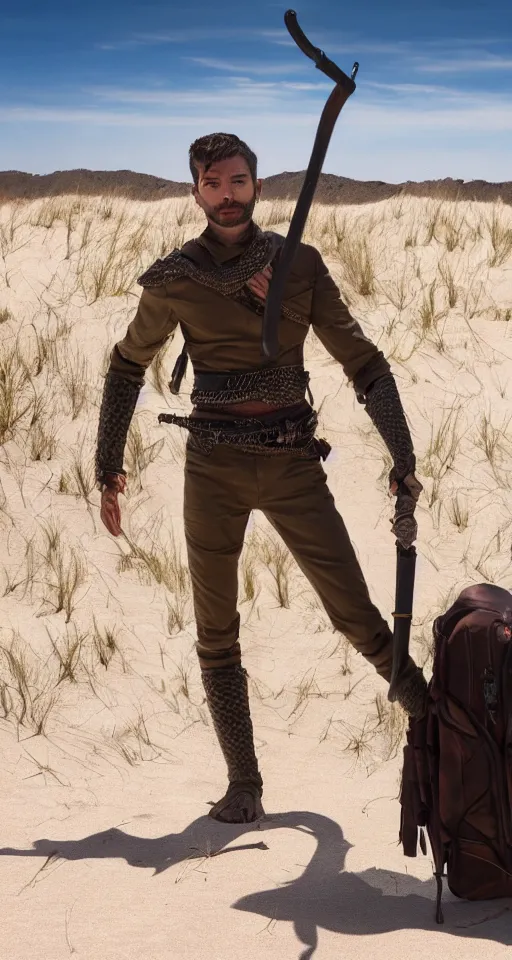 Image similar to movie still of a snake - human hybrid exploring a dune with treasure in his backpack and a sword in his hand, 4 k, detailed, landscape, realistic, polariod