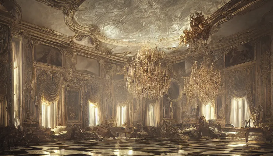 Image similar to rococo interior made from chrome, versailles, light, shadows, reflections, epic composition, intricate, elegant, volumetric lighting, digital painting, highly detailed, artstation, sharp focus, illustration, concept art, ruan jia, steve mccurry