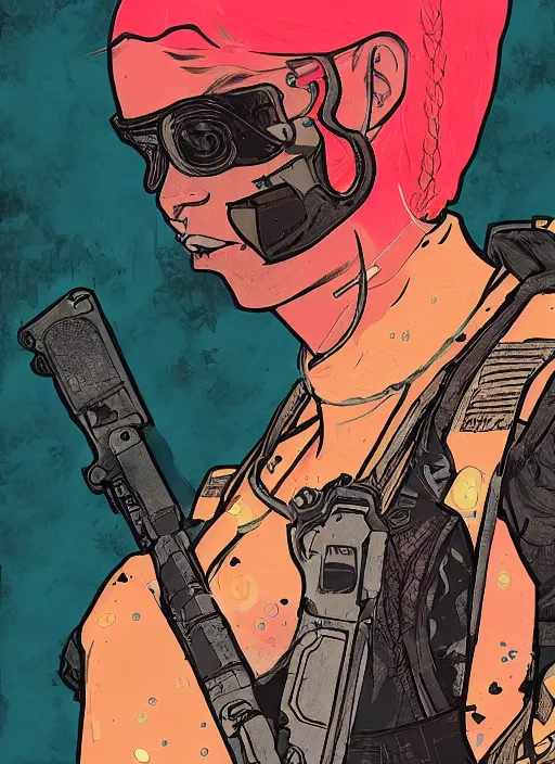 Image similar to maria igwe. cyberpunk mercenary in combat vest. portrait illustration, pop art, splash painting, art by geof darrow, ashley wood, alphonse mucha, makoto shinkai