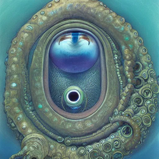 Image similar to eyes, tentacle-enabled underwater human descendant, futuristic painting by jim burns, edward burne-jones, dagon, hd 8k