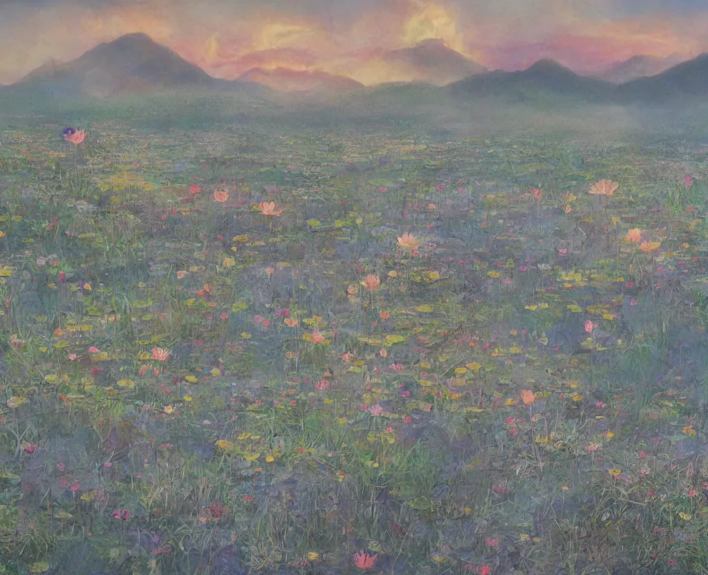 Image similar to a landscape pastel in the style of noriyoshi ohrai of a field of lotus flowers, glowing with iridescent mana. some misty mountains in the background. key art. 4 k retrofuturistic fantasy