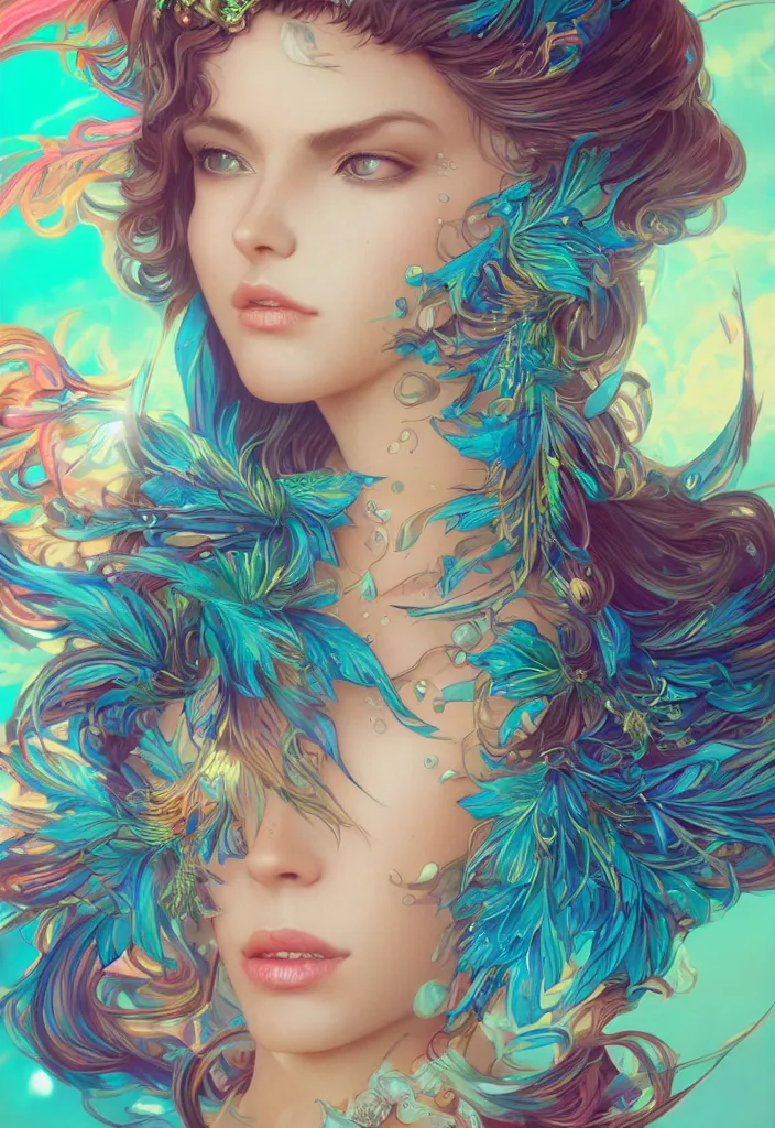 Prompt: beautiful, young woman, detailed gorgeous face, vaporwave aesthetic, synthwave, colorful, psychedelic, crown, water drops and feathers, artstation, concept art, smooth, extremely sharp detail, finely tuned detail, ultra high definition, 8 k, unreal engine 5, ultra sharp focus, illustration, art by artgerm and greg rutkowski and alphonse mucha