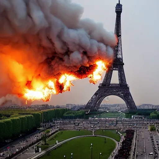 Image similar to the eiffel tower on fire and exploding, still