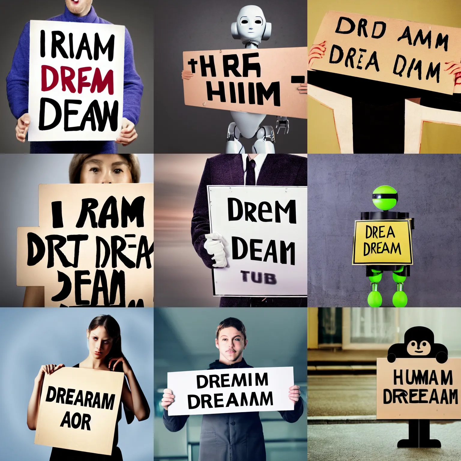 Prompt: human robot holding a sign with text that reads : dream