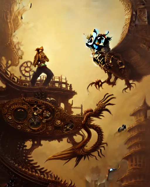 Prompt: oil painting of ornate intricate golden Steampunk owl Golem fighting chinese dragon, sharp focus, fantasy style, steampunk city background, octane render, volumetric lighting, 8k high definition, by greg rutkowski, highly detailed, trending on art Station