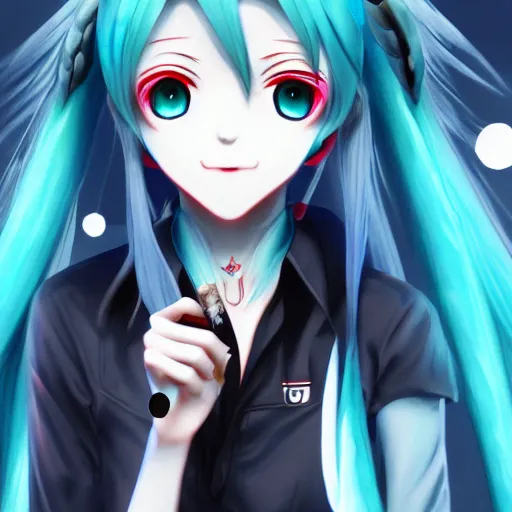 Image similar to hatsune miku smoking weed, smoke coming out of her mouth, bloodshot eyes, artstation, 4 k