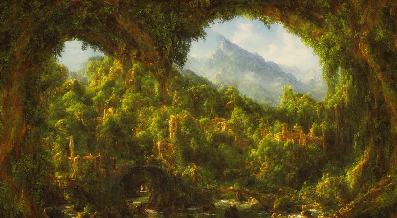 Prompt: Rivendell painted in the style of Thomas Cole, oil painting, wide angle, highly detailed