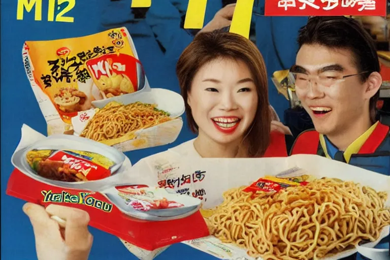 Image similar to mcdonald's yakisoba meal, in 1 9 9 5, y 2 k cybercore, advertisement photo