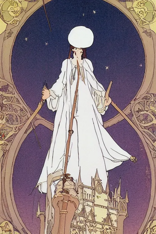 Image similar to A pure white witch wearing a giant hat flies through the skies of a fantasy medieval city on a broomstick by studio ghibli and mucha