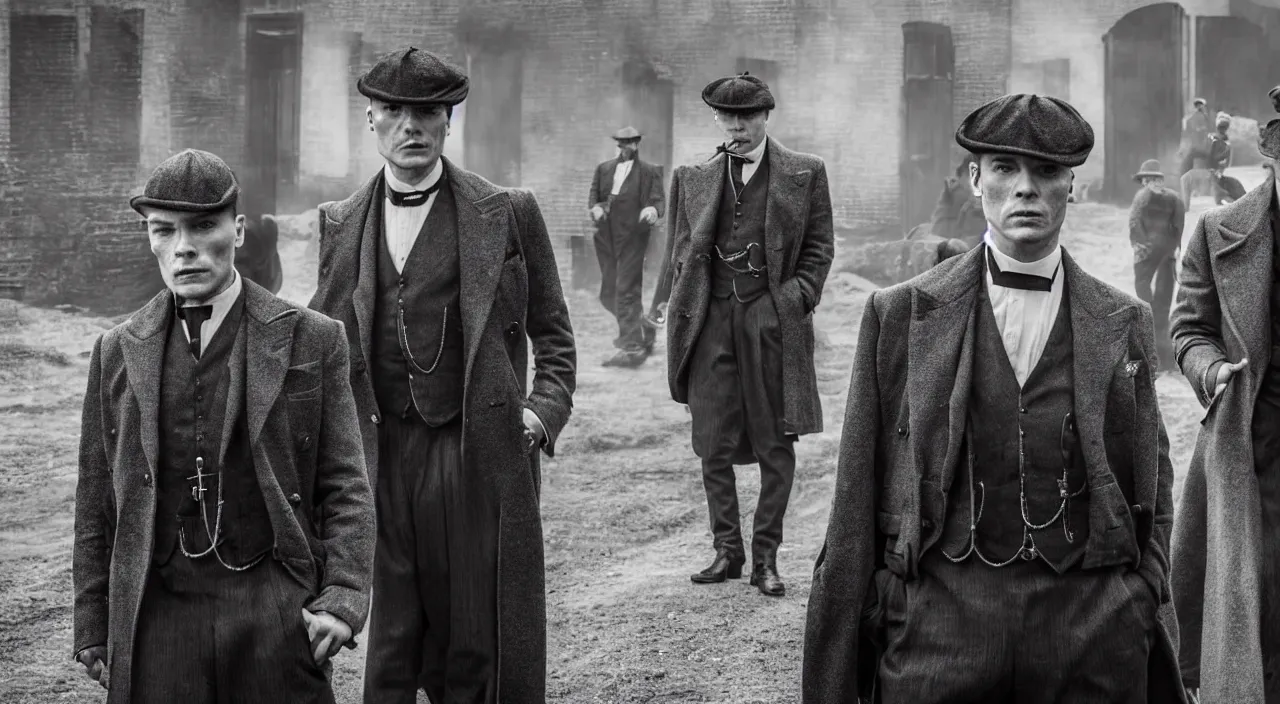 Prompt: a scene from peaky blinders, medium long shot, 3 / 4 shot, full body picture of cillian murphy and tom hardy, sharp eyes, serious expressions, detailed and symmetric faces, black and white, epic photo by talented photographer ansel adams,