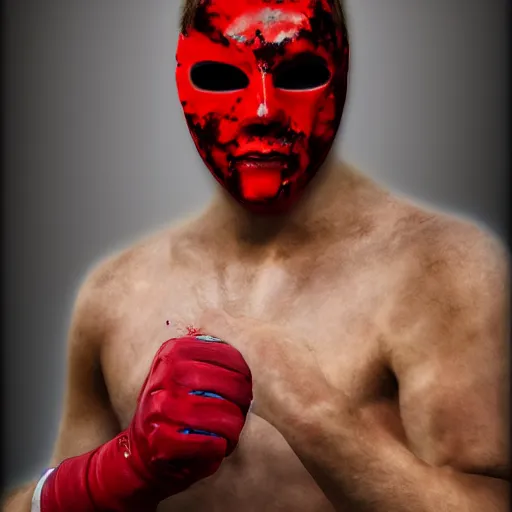 Image similar to realistic portrait photorealistic painting of bleeding young man with mask wrestler is trying to fight back. fine art, trending on artstation, smooth draw, sharp focus, digital art, bright colors.