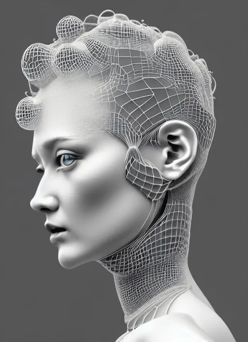 Prompt: complex 3d render ultra detailed of a beautiful porcelain profile woman face, mechanical cyborg, 150 mm, beautiful natural soft light, rim light, silver vanilla details, magnolia big leaves and stems, roots, fine foliage lace, maze like, mesh wire, intricate details, hyperrealistic, ultra detailed, mandelbrot fractal, anatomical, white metal neocubism armor, facial muscles, cable wires, microchip, elegant, octane render, H.R. Giger style, 8k