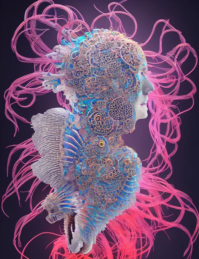 Image similar to 3 d goddess close - up profile portrait with ram skull. beautiful intricately detailed japanese crow jellyfish phoenix, bio luminescent, plasma kitsune mask and clasical japanese kimono. betta fish, jellyfish phoenix, bio luminescent, plasma, ice, water, wind, creature, artwork by tooth wu and wlop and beeple and greg rutkowski