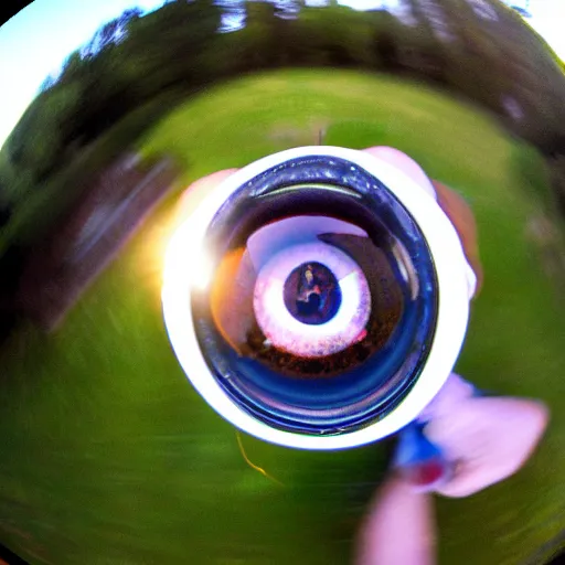 Image similar to an annoying nerd, fisheye lens