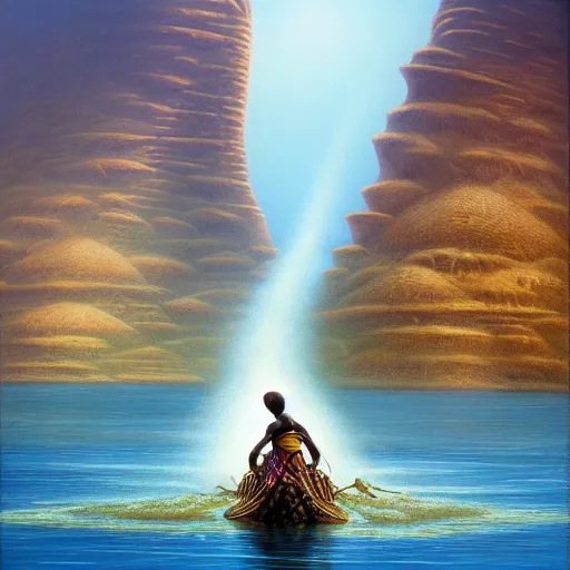 Image similar to an african queen riding a crocodile in the nile river by michael whelan and tyler edlin, oil on canvas, water fog, pyramid portal, 8k.