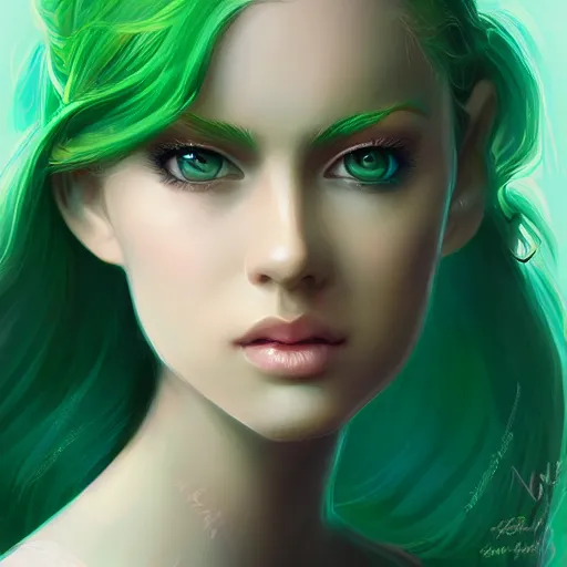 Image similar to teen girl, light green hair, gorgeous, amazing, elegant, intricate, highly detailed, digital painting, artstation, concept art, sharp focus, illustration, art by Ross tran