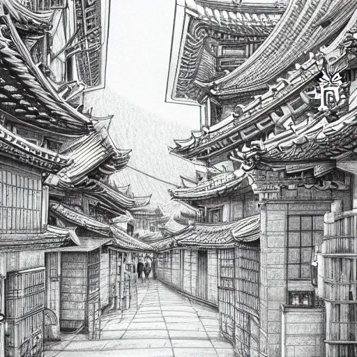 Prompt: High detailed sketch of korean city street, pencil drawing, traditional buildings, joseon era, black and white, artstation, extreme detail