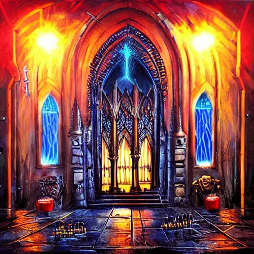 Image similar to metal band performing live on stage, gothic style with lights and large sound speakers, by Megan Duncanson and Raphael Lacoste, detailed 3d gothic oil painting