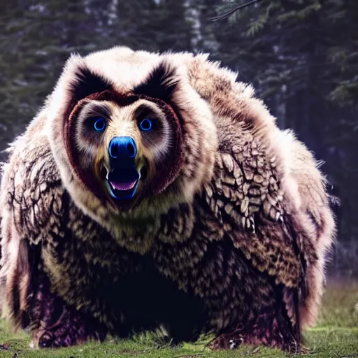 Image similar to A large magical beast called an Owlbear, the beast has the body of a bear and the head of an owl, 8k, ultra realistic, professional photography