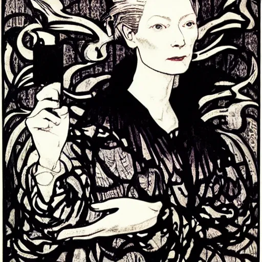 Prompt: Tilda Swinton posing like a gamer, black ink illustration, woodblock print, by Aubrey Beardsley, Alphonse Mucha, Tolouse-Lautrec