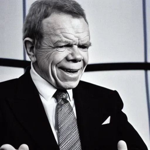 Prompt: Warwick Davis as President Carter, highly detailed, 1977 press photo, White House Archives, film grain