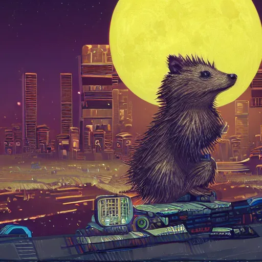 Image similar to a professional portrait, of an anthropomorphic brown hedgehog sitting outside of a cyberpunk academy, factories and power plants in the background, big moon in background, green smoggy sky, cinematic lighting, metal towers and sewers, holograms, artstation, omni magazine,