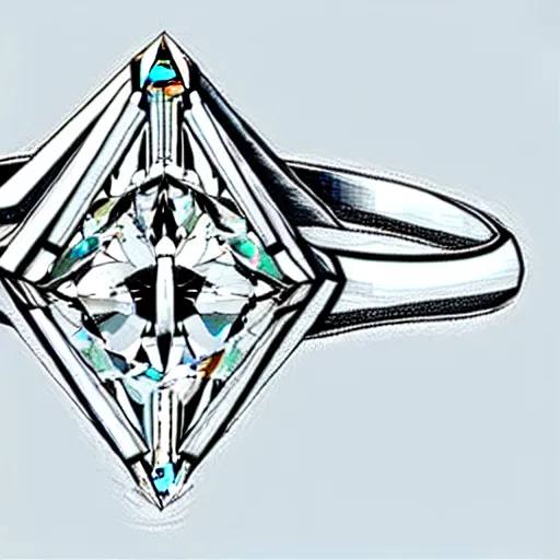 Image similar to sketch of engagement ring with two smaller diamonds outside and one bigger diamond in the middle, detailed, concept art, victorian, schematics, fashion