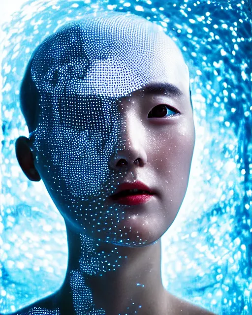 Image similar to beautiful centered fine art photo portrait of hoyeon jung as a solarpunk robotic humanoid, half body above water, white mechanical parts with led lights, ultra - realistic and detailed, white background, natural lighting, soft focus, slow exposure hdr 8 k