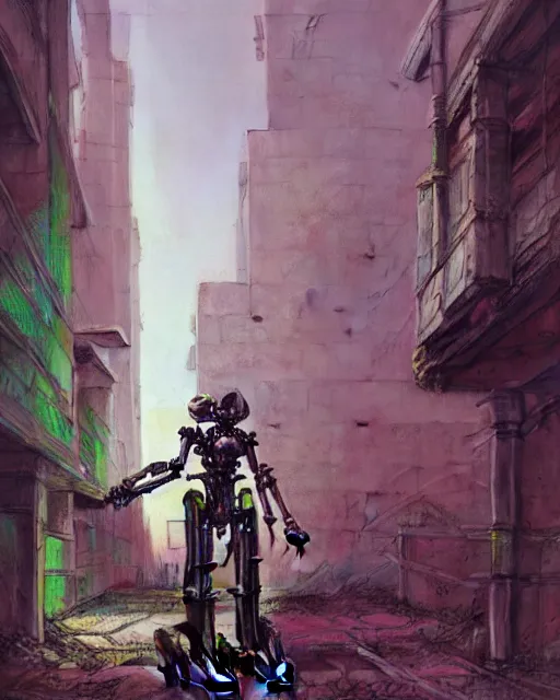 Prompt: hyperrealistic highly detailed exoskeleton baroque mecha iridescent pink brutalist city ruins background concept art santiago caruso de chirico sharp very dramatic green light 8k low angle shallow depth of field