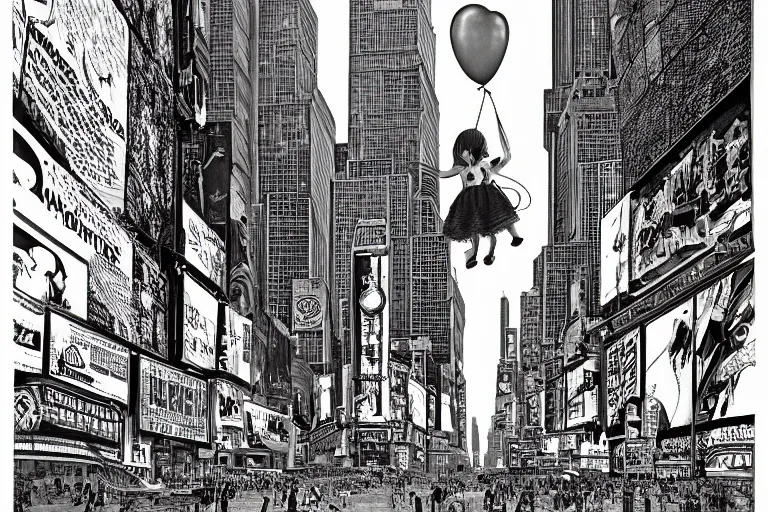 Prompt: an intricate, awe inspiring cyberpunk illustration of a girl with balloon, Times Square, by Ansel Adams ((black and white))
