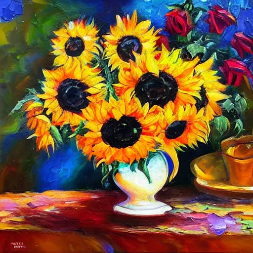 Prompt: beautiful and vivid anastasia trusova impasto acrylic still life painting of a vase of sunflowers and roses