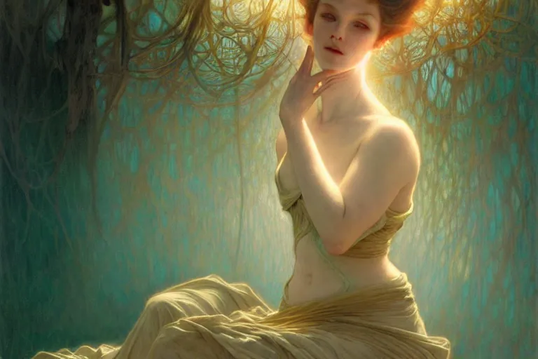 Image similar to pale teal becoming light itself, fantasy, intricate, elegant, dramatic lighting, emotionally evoking symbolic metaphor, highly detailed, lifelike, photorealistic, digital painting, artstation, concept art, smooth, sharp focus, illustration, art by John Collier and Albert Aublet and Krenz Cushart and Artem Demura and Alphonse Mucha