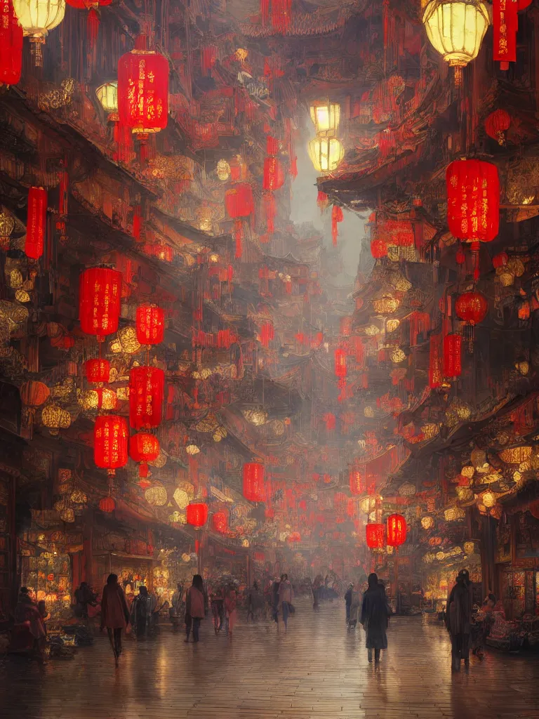 Image similar to epic scenery of a shopping street in the Chinese imperial city, intricate, elegant, volumetric lighting, digital painting, highly detailed, artstation, sharp focus, illustration, concept art, ruan jia, steve mccurry