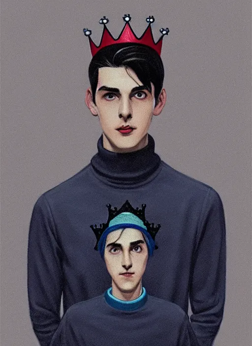 Image similar to portrait of teenage jughead jones wearing a light grey crown, crown, blue turtleneck, 1 9 5 0 s, closed eyes, photorealistic, black hair, glowing lighting, intricate, elegant, glowing lights, highly detailed, digital painting, artstation, concept art, smooth, sharp focus, illustration, art by wlop, mars ravelo and greg rutkowski